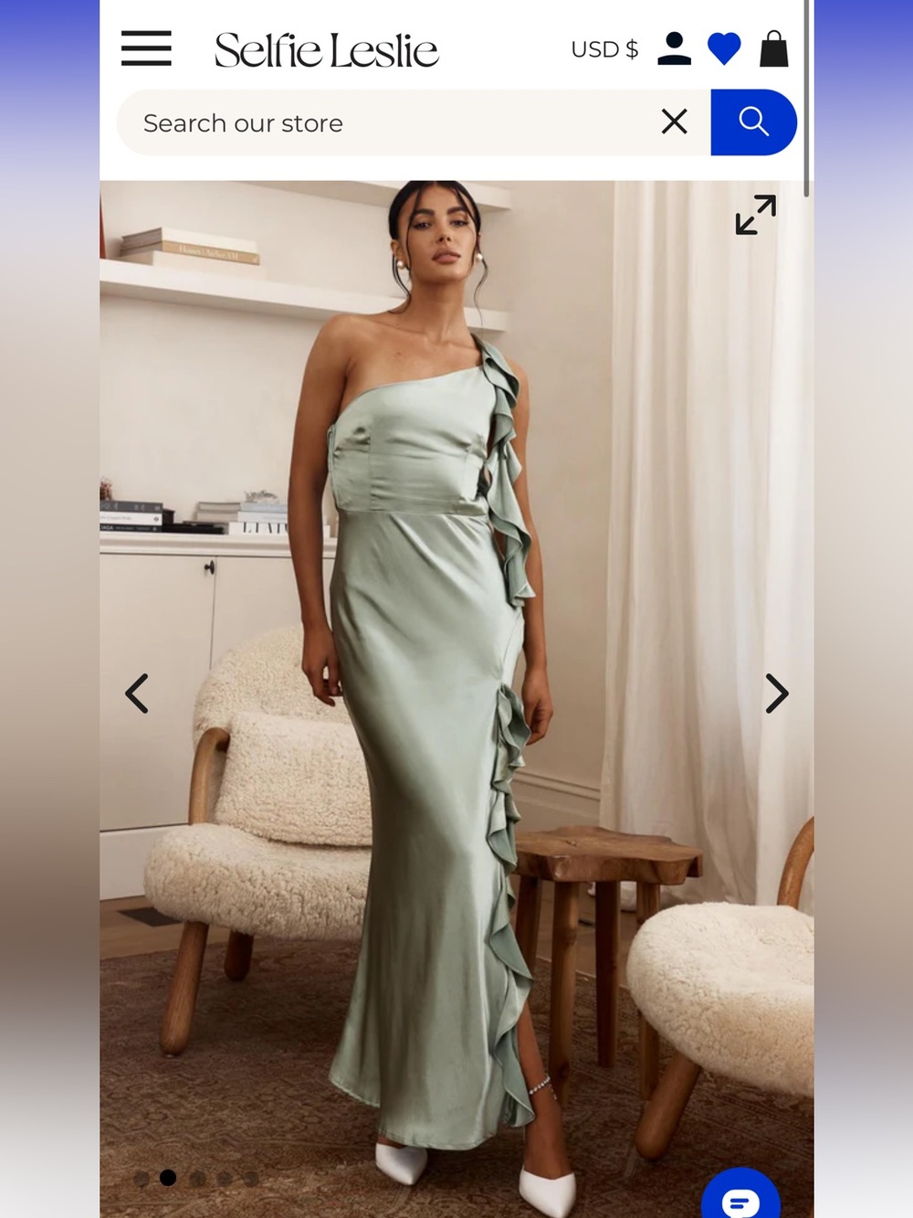 Selfie Leslie One-Shoulder Ruffle Satin Dress in Sage Green